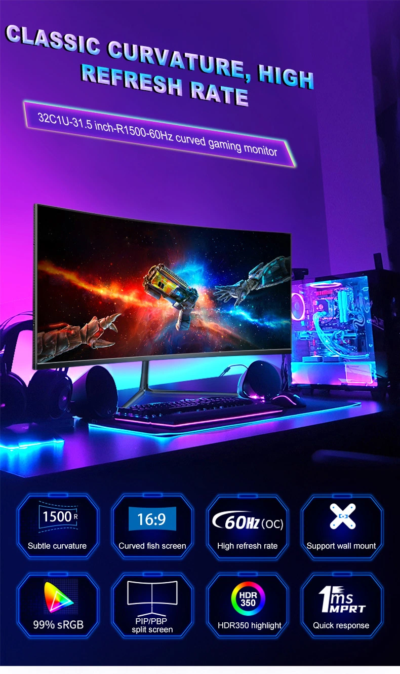 Cheap Price 31.5 Inch Wide Screen 4K 60Hz Computer Curved Gaming Monitors